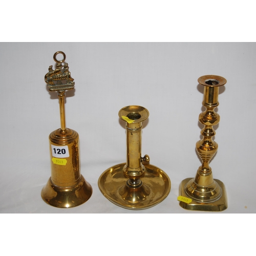 120 - 19TH CENTURY BRASS CANDLESTICK WITH PUSHER, 19TH CENTURY BRASS CANDLESTICK AND HEARTH BRUSH