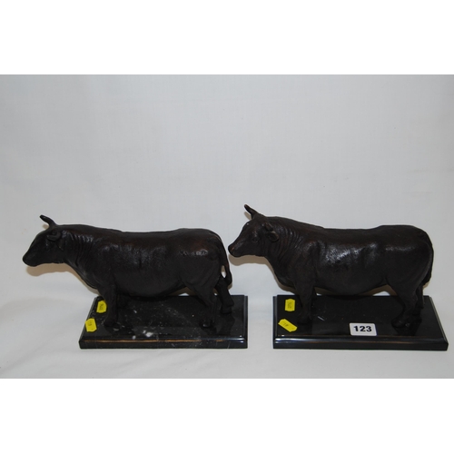 123 - PAIR OF MODERN BRONZE BULLS ON MARBLE PLINTHS