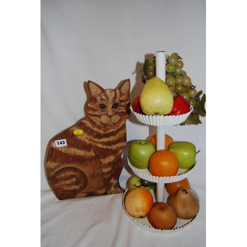 143 - RETRO SHOP DISPLAY OF PLASTIC FRUIT ON STAND AND DUMMY BOARD OF CAT