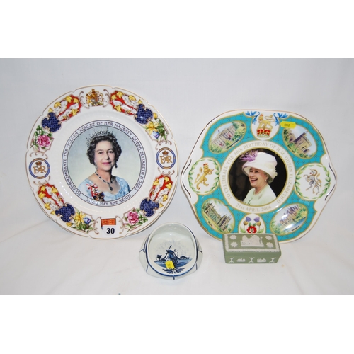 30 - 2 AYNSLEY COMMEMORATIVE PLATES, 80TH BIRTHDAY QUEEN ELIZABETH II, GOLDEN JUBILEE, ETC