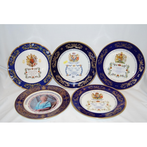 31 - 3 AYNSLEY COMMEMORATIVE PLATES, QUEEN MOTHER'S 90TH, 95TH AND 100TH BIRTHDAYS, QUEEN ELIZABETH II 70... 