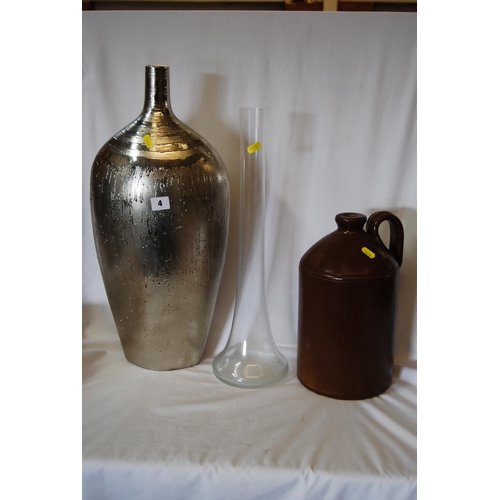 4 - VINTAGE STONEWARE BOTTLE, GLASS BUD VASE AND STUDIO VASE