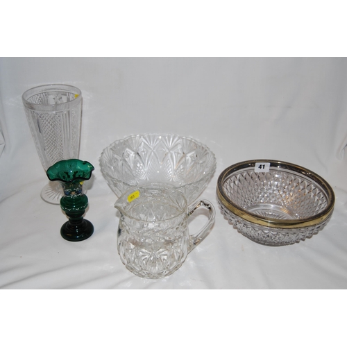 41 - CUT GLASS CELERY VASE, CUT GLASS WATER JUG, 2 FRUIT BOWLS, VASE