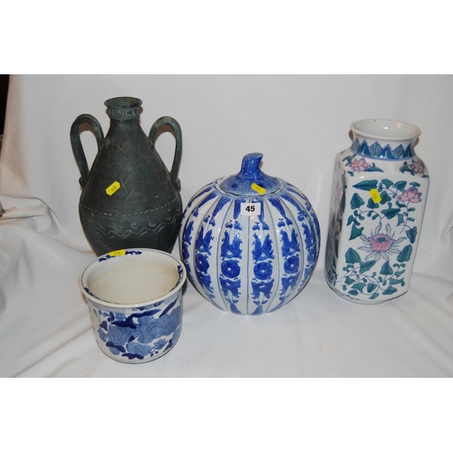 45 - MODERN CHINA PUMPKIN POT, 2 VASES AND JARDINIERE