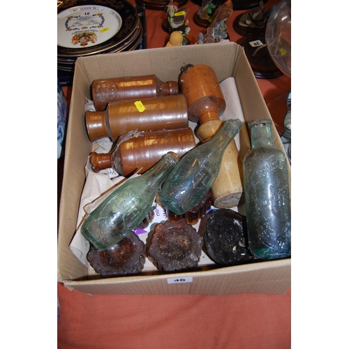 46 - 3 OLD GLASS BOTTLES, 5 STONEWARE INK POTS, 4 AMBER GLASS PIANO CASTOR RESTS, ETC