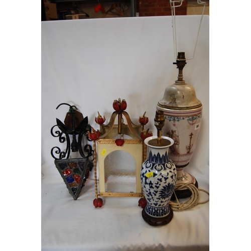 50 - CLASSICAL STYLE PORCELAIN LAMP BASE (A/F), ORIENTAL VASE / LAMP AND 2 HALL LANTERNS