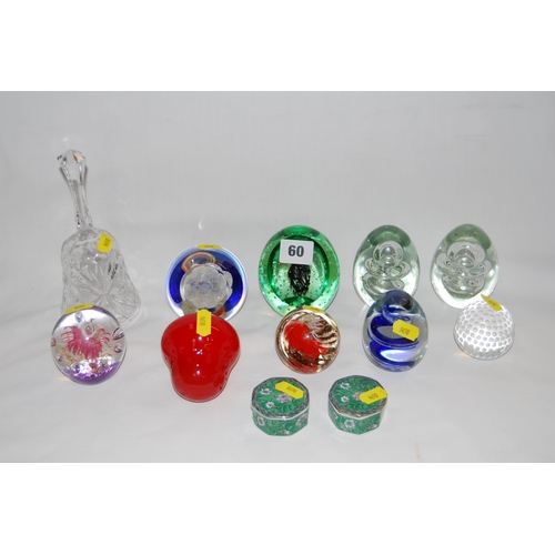 60 - 11 VARIOUS GLASS PAPERWEIGHTS AND HAND BELL