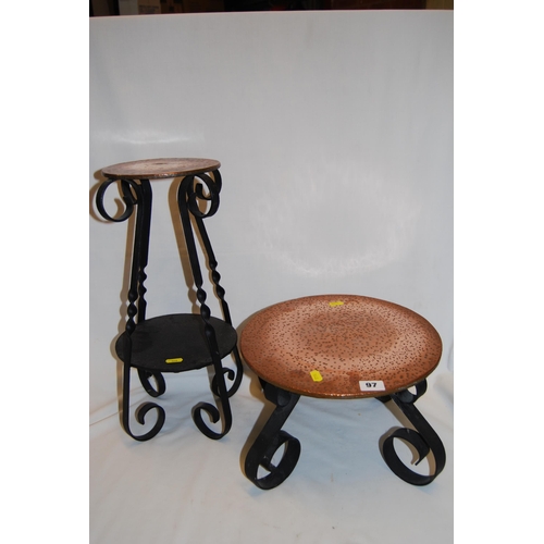 97 - 2 COPPER TOPPED AND WROUGHT IRON JARDINIERE STANDS