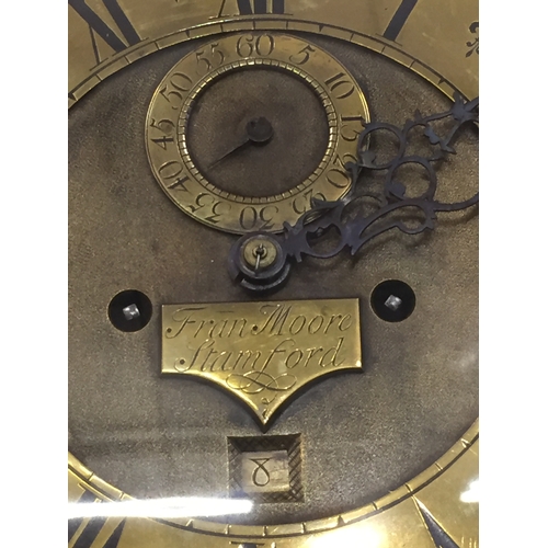 286 - 18TH CENTURY LONG CASE CLOCK WITH ARCHED BRASS DIAL IN WALNUT CASE BY FRAN MOORE STAMFORD (8 DAY)