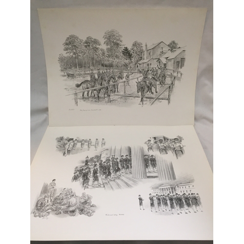 230 - SET OF 12 MILITARY PRINTS OF PENCIL DRAWINGS OF LIFE AT SANDHURST