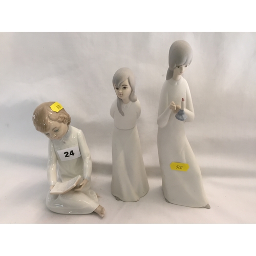 24 - ZAPHIR PORCELAIN FIGURE OF GIRL READING A BOOK AND PAIR OF PORCEVAL FIGURINES OF GIRLS