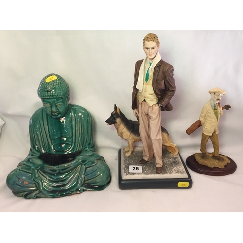 25 - MODERN FIGURE OF MAN WITH ALSATIAN, STONEWARE MAJOLICA BUDDHA AND FIGURE OF GOLFER