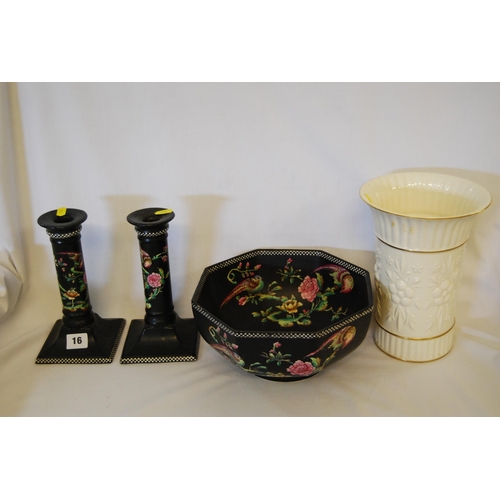 16 - VINTAGE ARCADIAN OCTAGONAL BLACK AND FLOWERED FRUIT BOWL, PAIR OF CANDLESTICKS AND AYNSLEY 