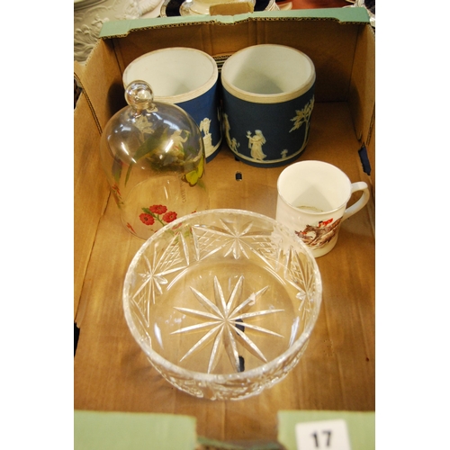 17 - PAIR OF WEDGWOOD BLUE AND WHITE JASPERWARE JARS, PAINTED GLASS DOME, CUT GLASS FRUIT BOWL AND STAFFO... 