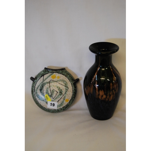 19 - CERAMIC MOON FLASK AND BLUE ART GLASS VASE