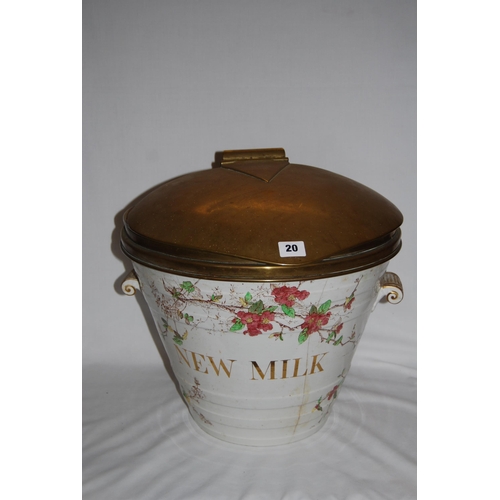 20 - 19TH CENTURY WHITE CHINA MILK BUCKET WITH GILDED SCROLL HANDLES, BLOSSOM DECORATION, INSCRIBED 