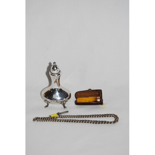 314 - WHITE METAL PEPPERETTE, 9CT GOLD BANDED AMBER CHEROOT HOLDER; A/F AND SILVER WATCH ALBERT (NO CLASPS... 