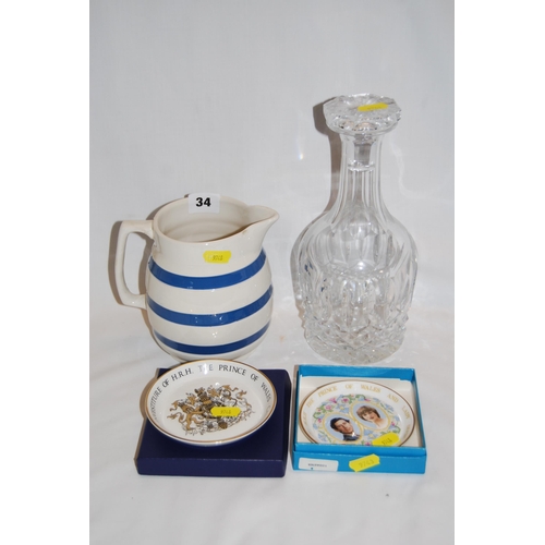 34 - STAFFORDSHIRE BLUE BANDED MILK JUG, CUT GLASS DECANTER AND 2 COMMEMORATIVE DISHES