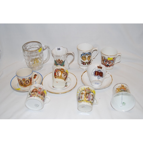 35 - QUANTITY OF COMMEMORATIVE TEACUPS AND SAUCERS, MUGS AND GLASS PINT TANKARD