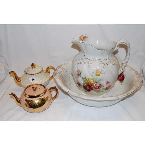 36 - ELLGREAVE PEARLWARE TEAPOT, GIBSONS LUSTRE TEAPOT AND VICTORIAN JUG AND BOWL