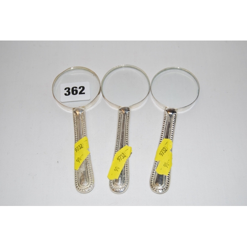 362 - 3 SMALL SILVER PLATED MAGNIFYING GLASSES