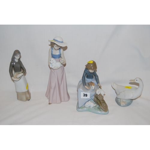 39 - 4 VARIOUS NAO PORCELAIN FIGURES OF GIRLS AND DUCK