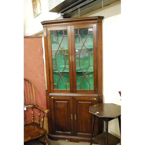 490 - 19TH CENTURY MAHOGANY CORNER CUPBOARD FITTED CUPBOARD WITH DISPLAY CABINET OVER, ASTRAL GLAZED DOORS... 