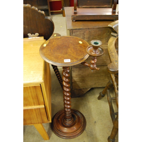 511 - VICTORIAN CIRCULAR WALNUT WINE TABLE WITH FITTED PIANO SCONCE, ON BARLEY TWIST SUPPORTS, CIRCULAR BA... 