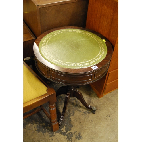 514 - REPRODUCTION CIRCULAR MAHOGANY DRUM TOP TABLE FITTED 3 DRAWERS, TOOLED LEATHER TOP, TURNED COLUMN, Q... 