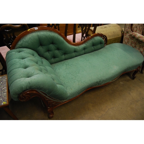 521 - VICTORIAN CARVED MAHOGANY CHAISE LONGUE WITH SWEPT BACK AND SERPENTINE FRONT 203CM WIDTH X 72CM DEPT... 