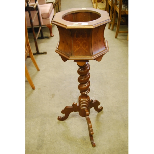 534 - OCTAGONAL INLAID JARDINIERE STAND ON BARLEY TWIST COLUMN AND 3 SHAPED LEGS