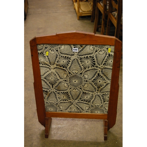 549 - EDWARDIAN SATIN WALNUT FIRESCREEN WITH LACE WORK PANEL