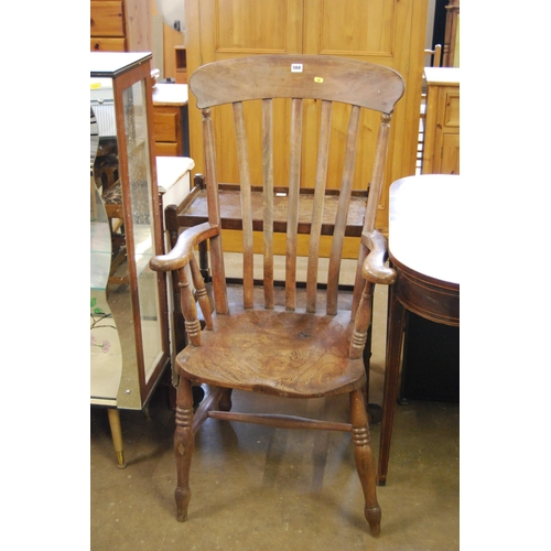 568 - 19TH CENTURY ELM WINDSOR SLAT BACK ARMCHAIR ON TURNED SUPPORTS