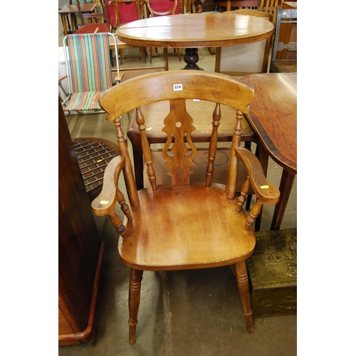 574 - 19TH CENTURY WINDSOR SPINDLE AND PIERCED SPLAT BACK CARVER CHAIR, ON TURNED SUPPORTS