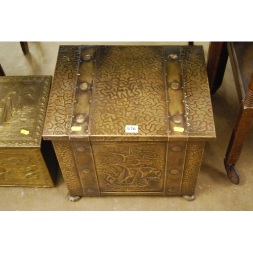 576 - VINTAGE EMBOSSED BRASS COAL BOX