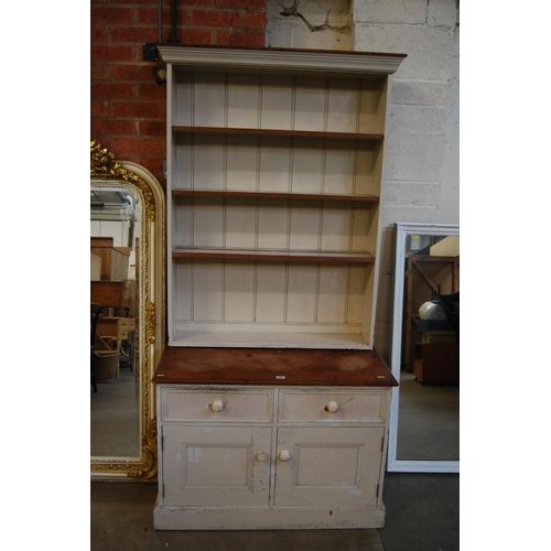 606 - VINTAGE PAINTED PINE WELSH DRESSER FITTED 2 DRAWERS, CUPBOARD UNDER, PLATE RACK OVER