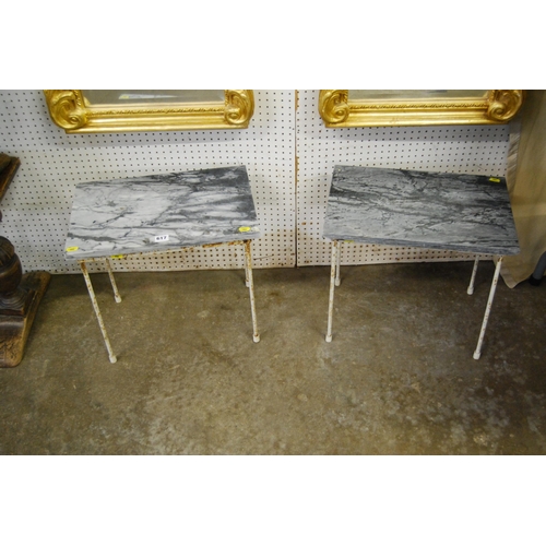 617 - PAIR OF RETRO RECTANGULAR MARBLE TOP COFFEE TABLES ON IRON SUPPORTS