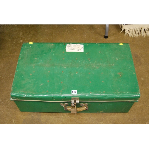 619 - VINTAGE GREEN PAINTED METAL TRUNK