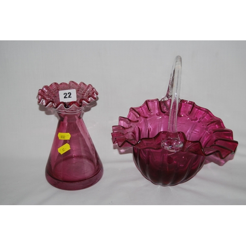 22 - 19TH CENTURY CRANBERRY GLASS VASE WITH FRILLED RIM AND BASKET; A/F