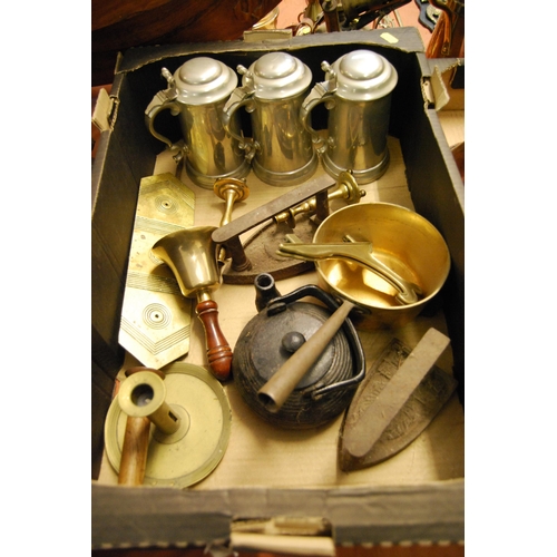 232 - 3 JAMES DIXON HALF PINT PEWTER GLASS BOTTOM TANKARDS WITH THUMB PRESS LIDS, 19TH CENTURY BRASS SAUCE... 