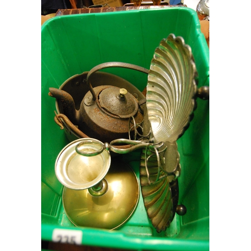 235 - 19TH CENTURY CAST IRON KETTLE, BRASS PRESERVING PAN, SILVER PLATED SHELL SERVING DISH AND COMPORT