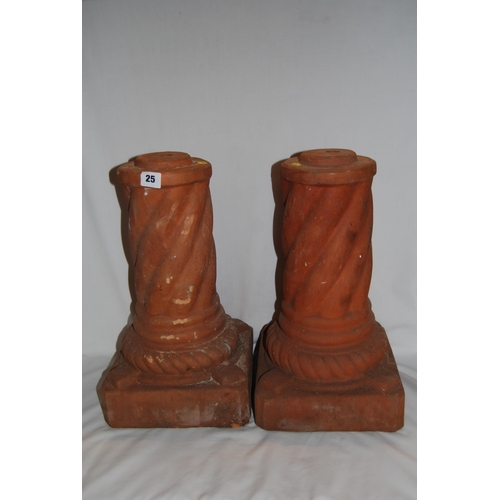 25 - PAIR OF TERRACOTTA BARLEYTWIST PEDESTALS ON SQUARE BASES