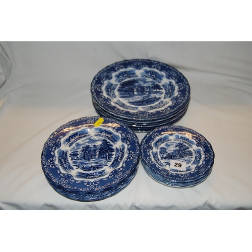 29 - GRINDLEY BLUE AND WHITE ENGLISH COUNTRY INNS DINNER, SIDE AND TEA PLATES; 18 PIECES