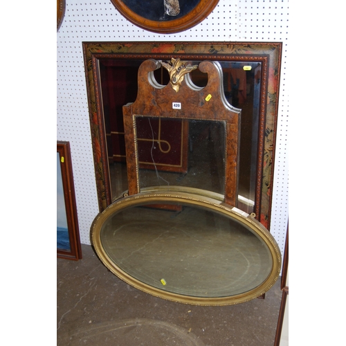 420 - BEVELLED GLASS WALL MIRROR IN PAINTED FRAME, 19TH CENTURY WALL MIRROR IN WALNUT FRAME AND OVAL BEVEL... 