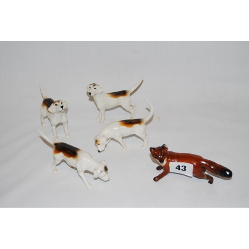 43 - 4 BESWICK FOX HOUNDS AND FOX (LEG REPAIRED)