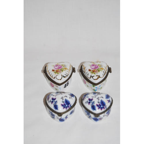 46 - 4 PORCELAIN HEART SHAPED TRINKET BOXES WITH ORMOLU MOUNTS