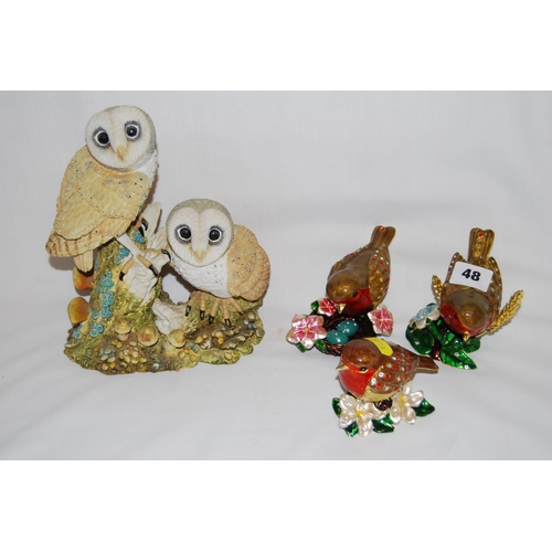 48 - 3 BRADEX ROBIN TRINKET BOXES (SACRED JEWEL OF NATURE) AND REGENCY FINE ART OWL GROUP