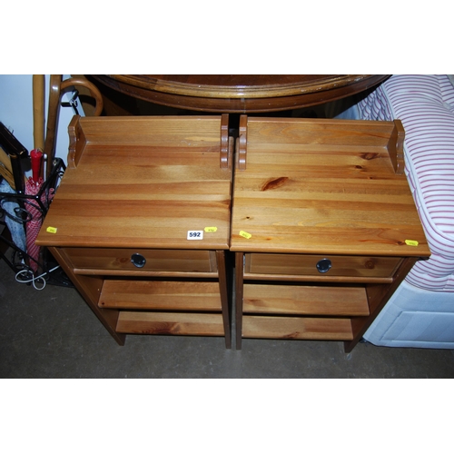 592 - PAIR OF PINE BEDSIDE TABLES FITTED DRAWERS AND SHELVES 41CM WIDTH X 33CM DEPTH X 64CM HIGH