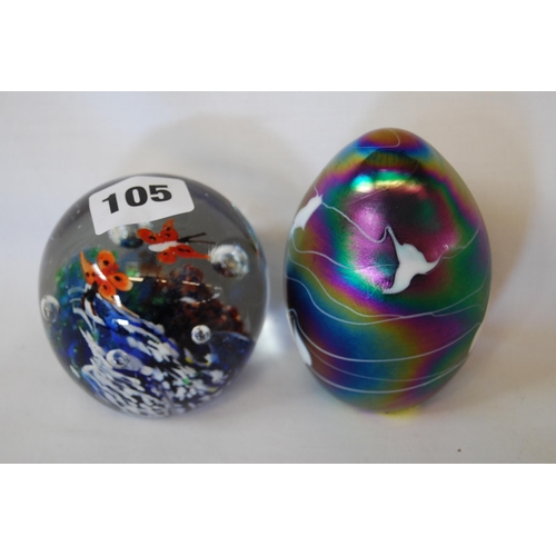 105 - IRIDESCENT GLASS PAPERWEIGHT AND ONE OTHER