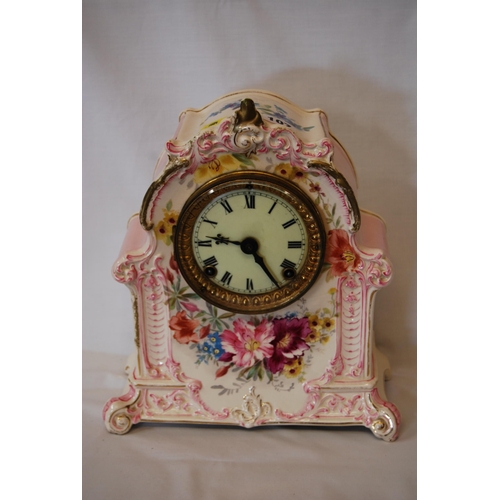 107 - EDWARDIAN ROYAL BONN CHINA MANTEL CLOCK WITH FLORAL DECORATION